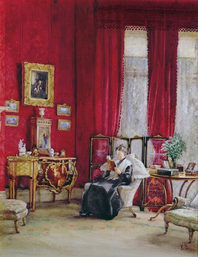 Ein viktorianisches Interieur mit einer lesenden Dame von English School